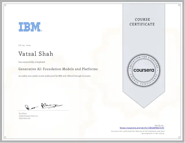 Generative AI: Foundation Models and Platforms — Vatsal Shah credential