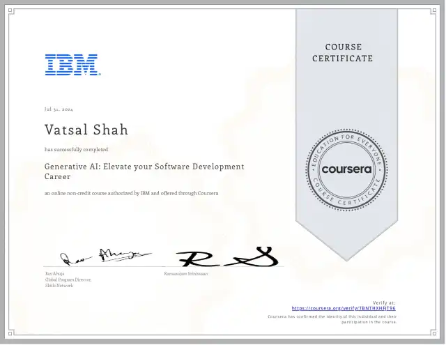 Generative AI: Elevate your Software Development Career — Vatsal Shah credential