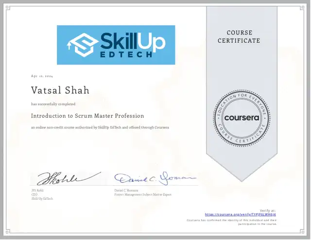 Introduction to Scrum Master Profession — Vatsal Shah credential