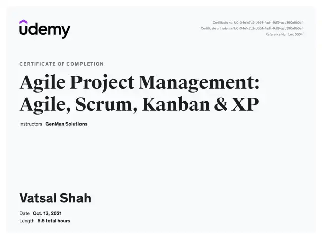 Agile Project Management: Agile, Scrum, Kanban &amp; XP — Vatsal Shah credential