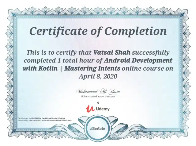 Android Development with Kotlin | Mastering Intents — Vatsal Shah credential