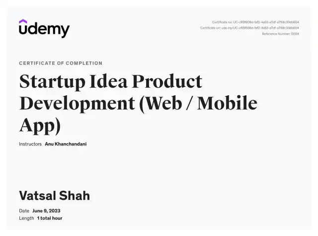 Startup Idea Product Development (Web / Mobile App) — Vatsal Shah credential