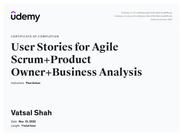 User Stories for Agile Scrum+Product Owner+Business Analysis — Vatsal Shah credential