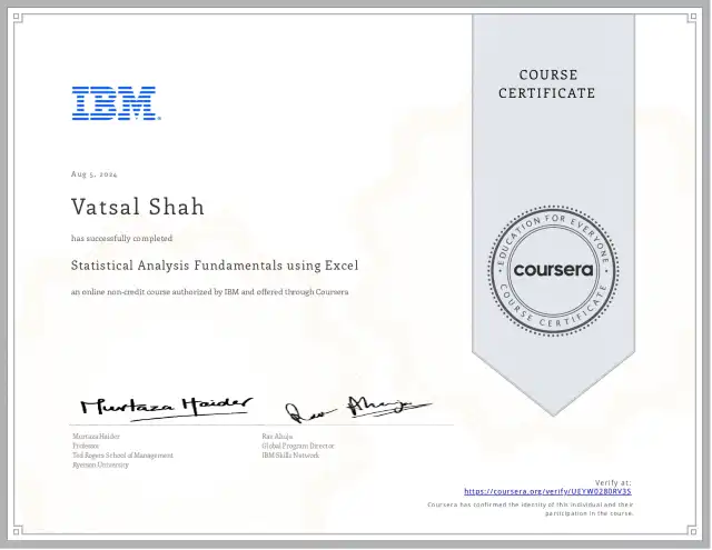 Statistical Analysis Fundamentals using Excel — Vatsal Shah credential