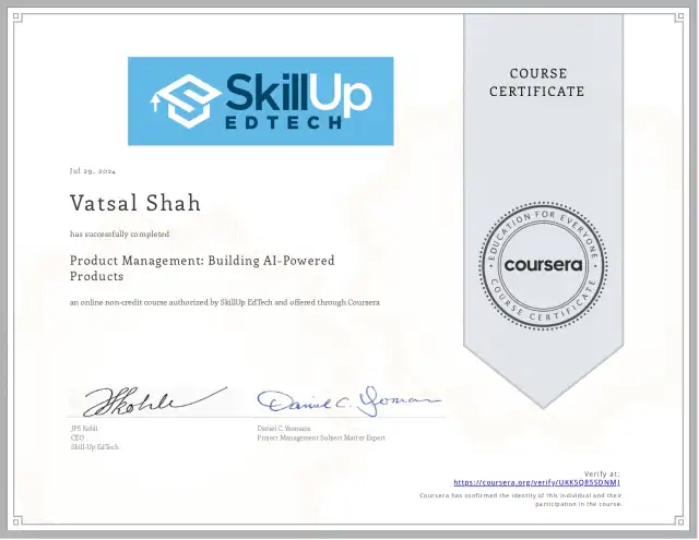 Product Management: Building AI-Powered Products — Vatsal Shah credential