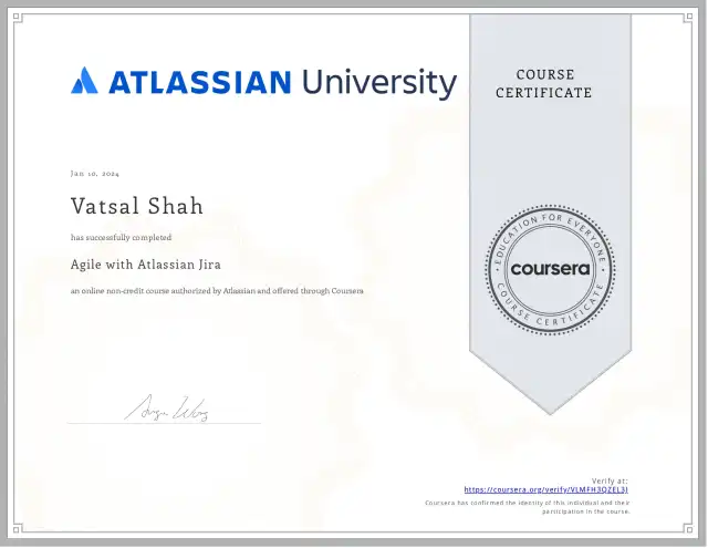 Agile with Atlassian Jira — Vatsal Shah credential