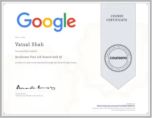 Accelerate Your Job Search with AI — Vatsal Shah credential