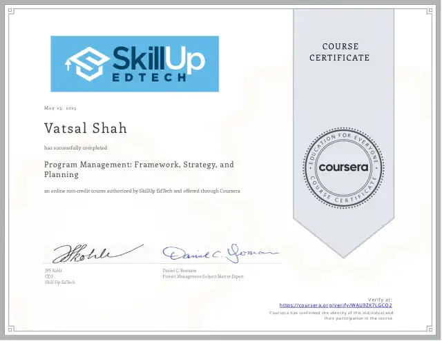Program Management: Framework, Strategy, and Planning — Vatsal Shah credential