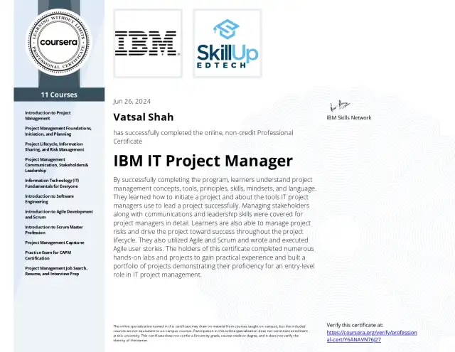 IBM IT Project Manager Professional Certificate — Vatsal Shah credential