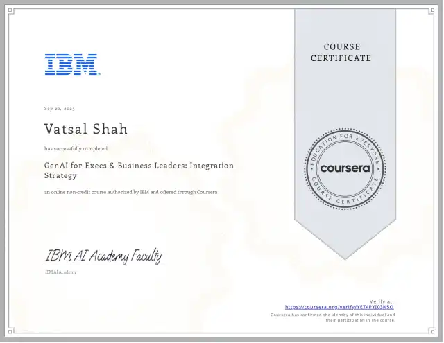 GenAI for Execs &amp; Business Leaders: Integration Strategy — Vatsal Shah credential