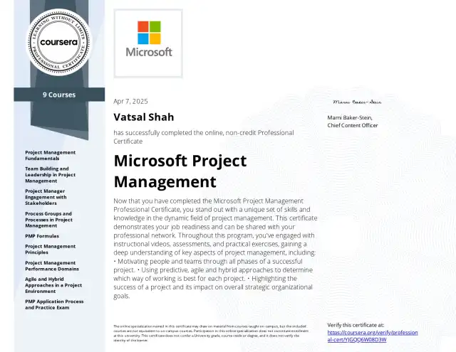 Microsoft Project Management Professional Certificate — Vatsal Shah credential
