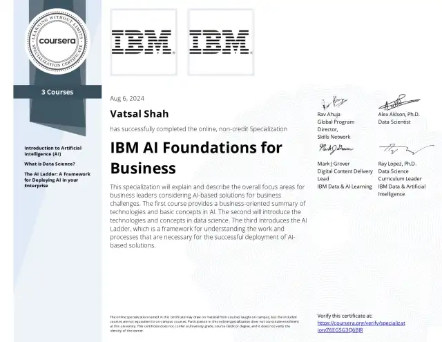 IBM AI Foundations for Business — Vatsal Shah credential