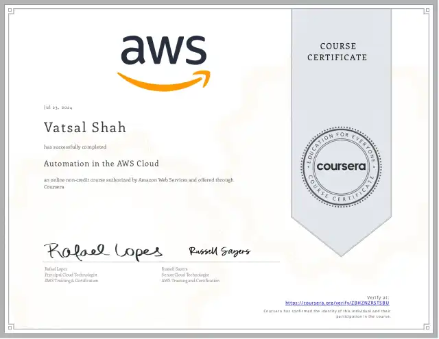 Automation in the AWS Cloud — Vatsal Shah credential