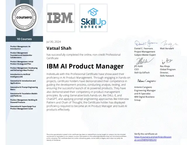 IBM AI Product Manager — Vatsal Shah credential