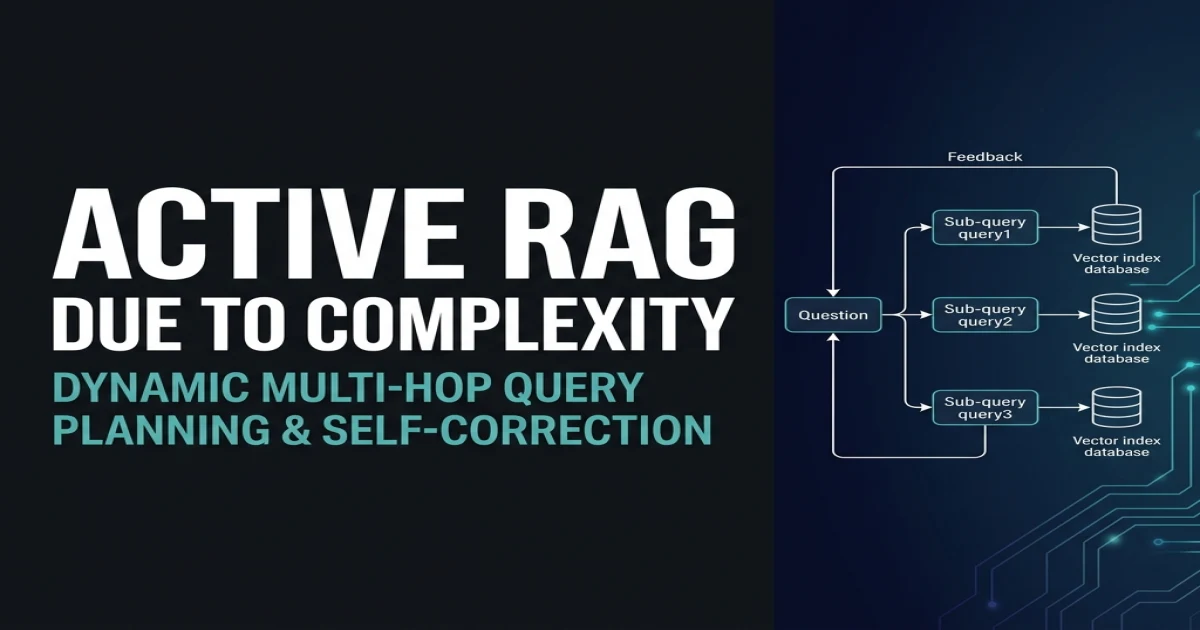Active RAG banner showing a multi-step query tree branching from a single question into sub-queries and vector indices with feedback loops