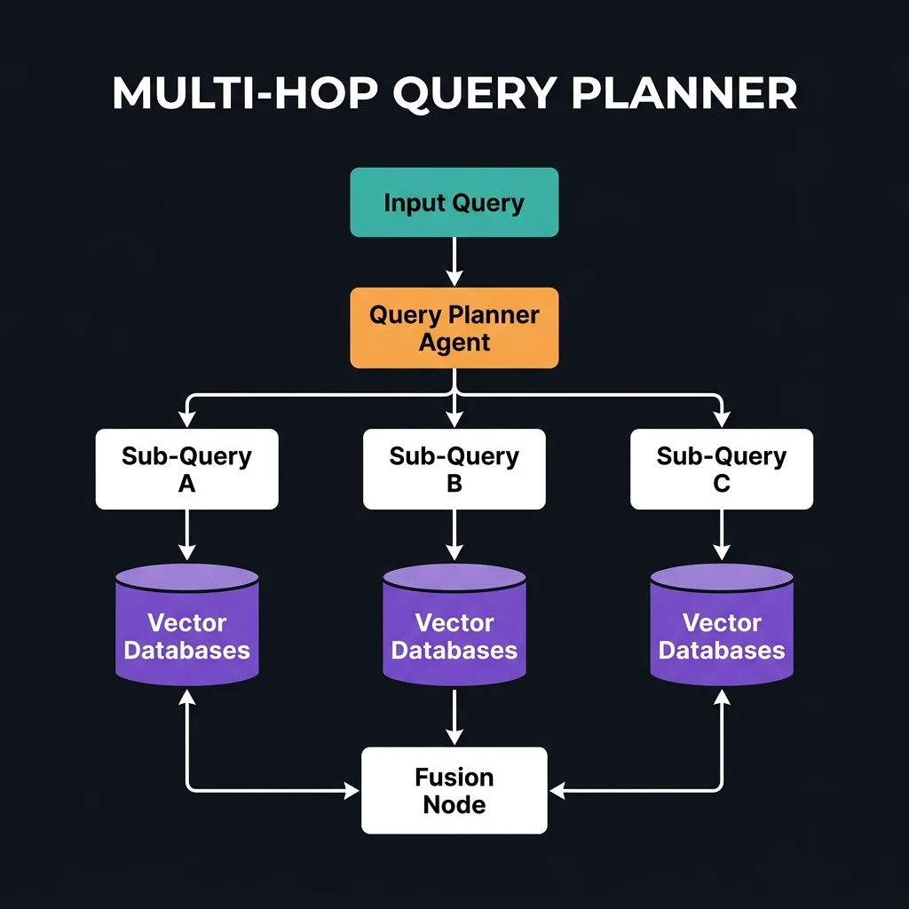 Query Planner Architecture showing the separation of parent queries into parallel and dependent sub-query branches running queries across vector and document backends