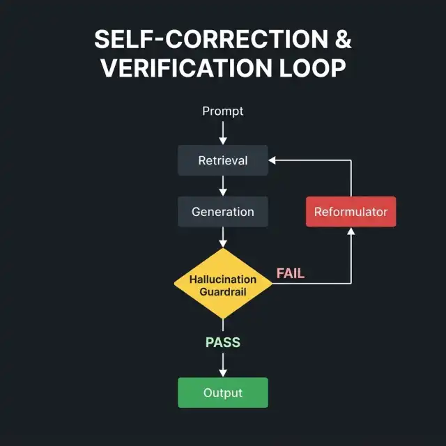 Flowchart of the Self-Correction Loop depicting the retrieval, evaluation, and reformulation cycle