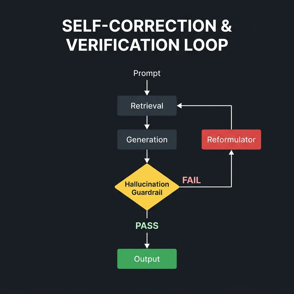 Flowchart of the Self-Correction Loop depicting the retrieval, evaluation, and reformulation cycle