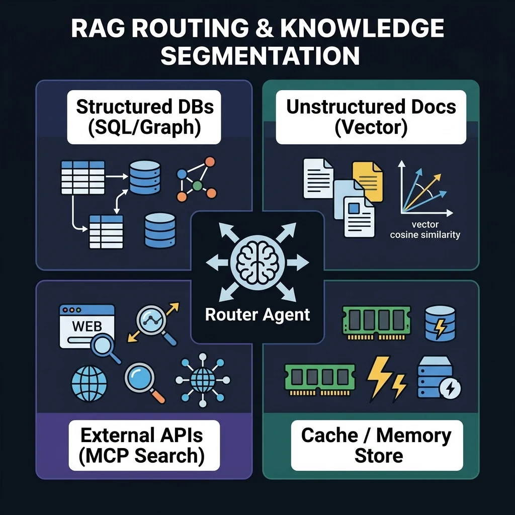 Routing Matrix diagram mapping query types to target indexes like vector database, graph database, external APIs, and cache stores