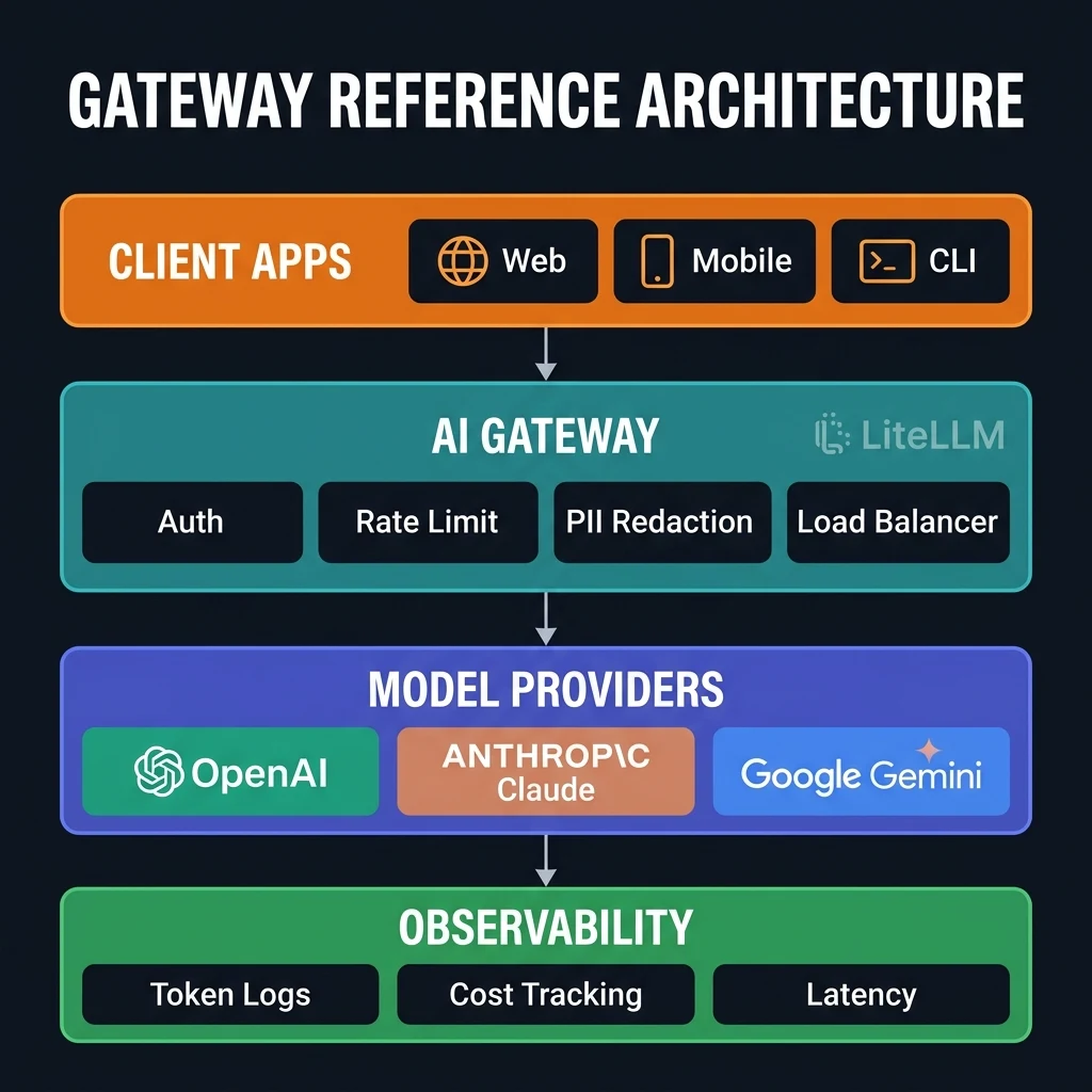Gateway Reference Architecture showing clients routing requests through a policy-based proxy middleware containing Rate Limiting, Fallbacks, and PII Redaction before reaching target models