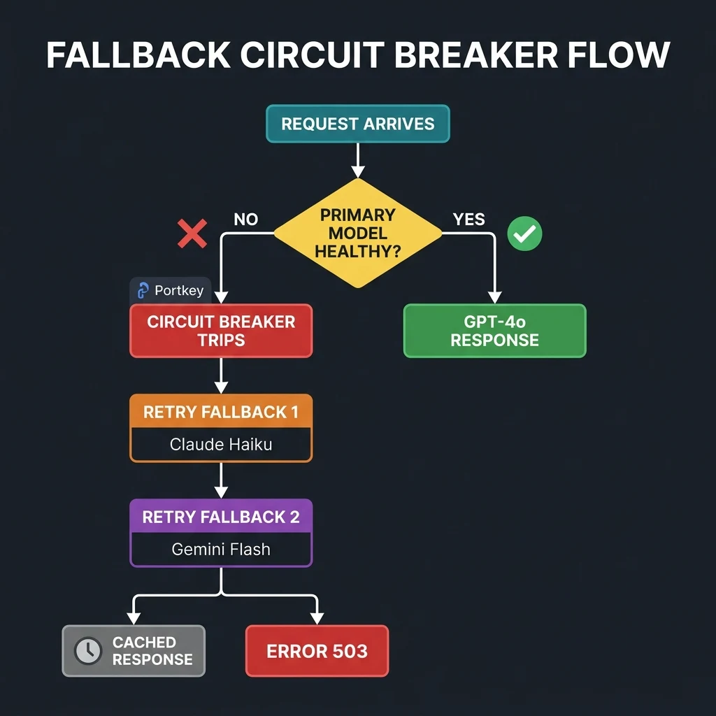 Fallback and Circuit Breaker Flow showing request arrival, health checks, circuit trip, and retry cascades