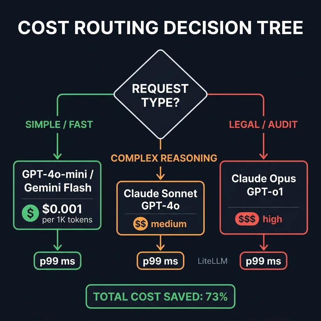Cost routing decision tree showing prompt categorization and model dispatch routes