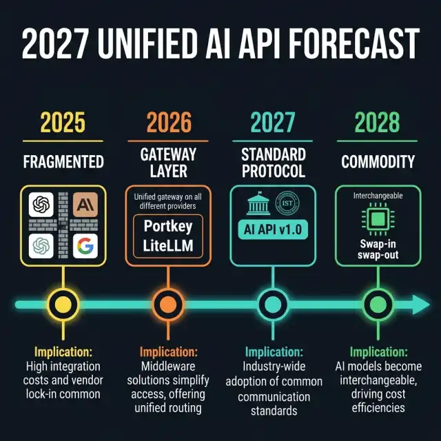 Roadmap timeline predicting the unification of AI APIs, semantic caches, and broker networks by 2028