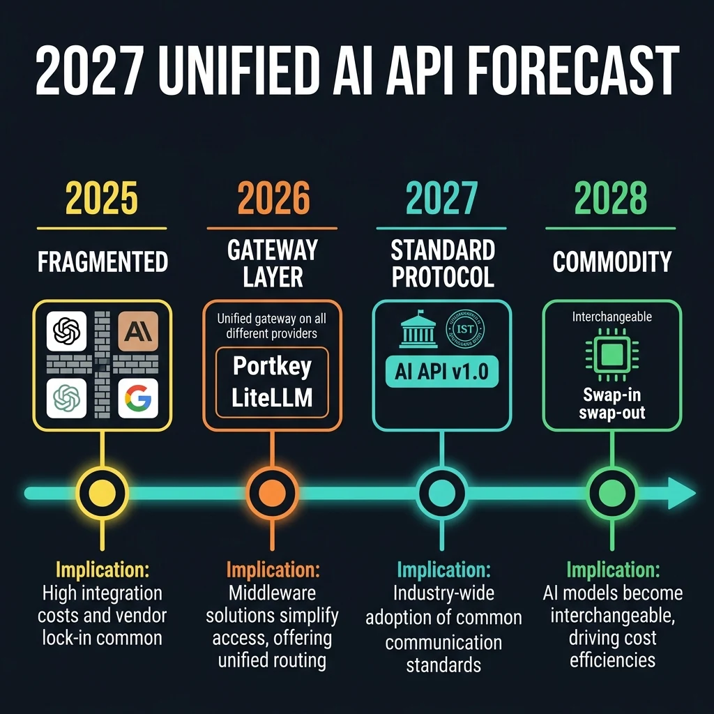 Roadmap timeline predicting the unification of AI APIs, semantic caches, and broker networks by 2028