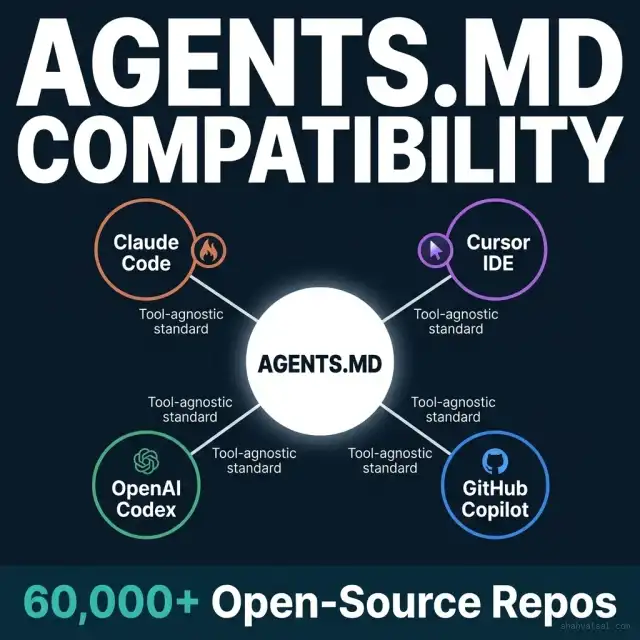 AGENTS.md Cross-Tool Compatibility — Claude Code, Cursor, OpenAI Codex, GitHub Copilot Hub-and-Spoke Diagram