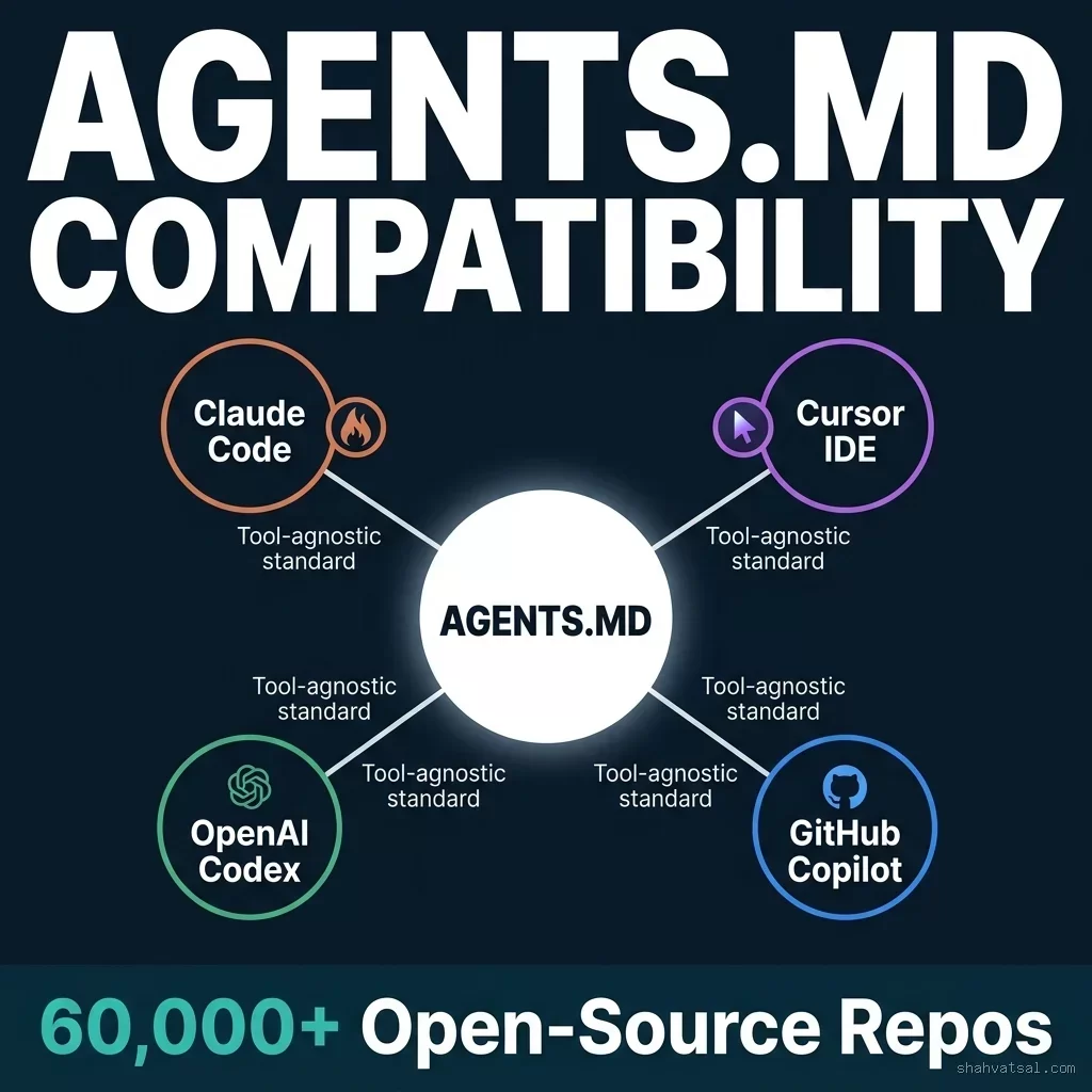 AGENTS.md Cross-Tool Compatibility — Claude Code, Cursor, OpenAI Codex, GitHub Copilot Hub-and-Spoke Diagram