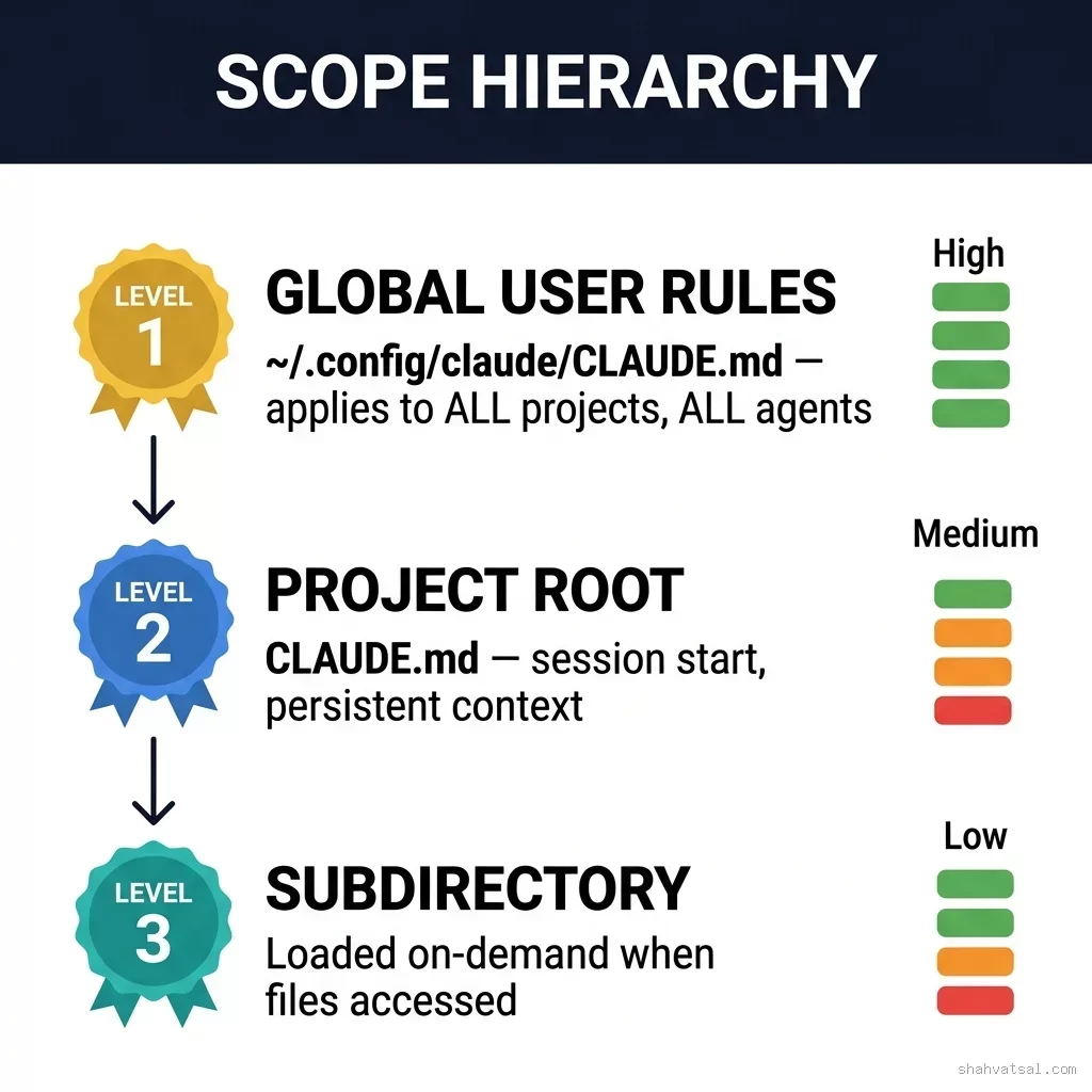 CLAUDE.md Scope Hierarchy — Three-Tier Loading Architecture for Project-Level, Global, and Subdirectory Instructions