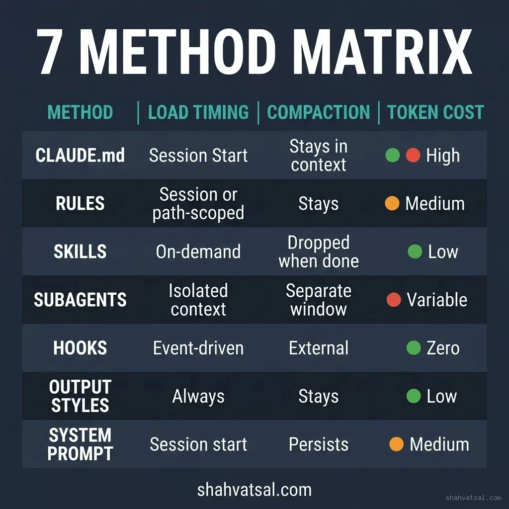Seven-Method Steering Comparison Matrix — Load Timing, Compaction Behavior, Token Cost, and Ideal Use Cases for All 7 Methods