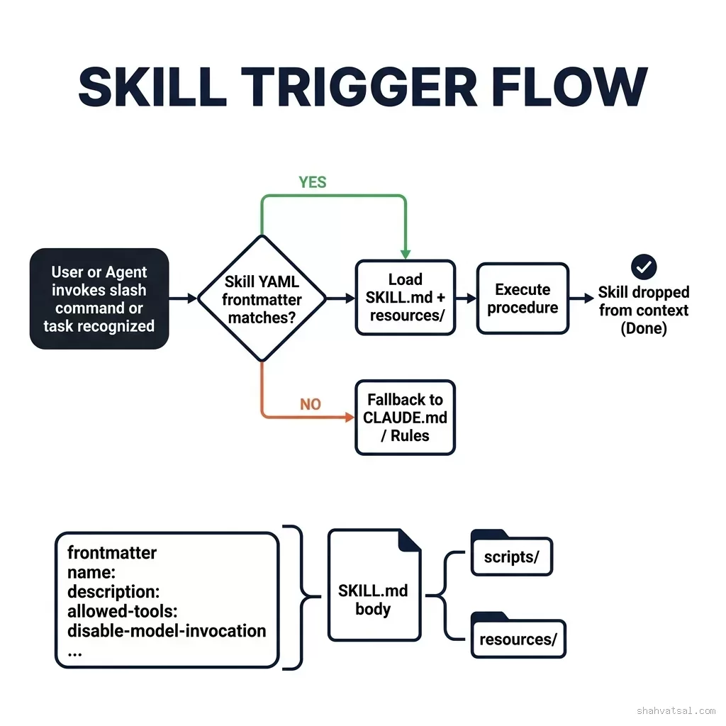 SKILL.md Trigger Flow — Slash Command Invocation, Frontmatter Matching, and Context Lifecycle