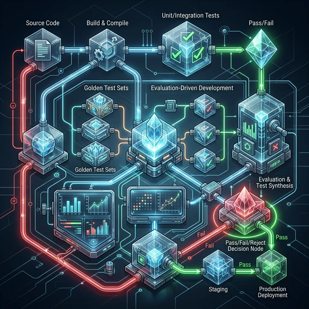 Clean Code 2026 --" 2D Process map showing Evaluation-Driven CI/CD with Evaluation Hooks and Golden Data Comparison