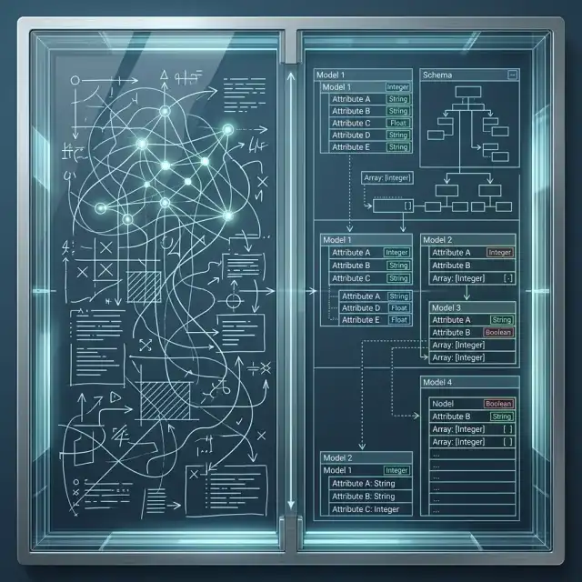 Clean Code 2026 --" 2D Technical diagram comparing unstructured prompts vs. type-safe Pydantic/JSON-LD schemas