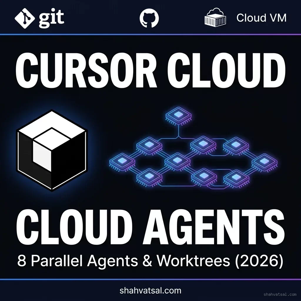 Cursor Cloud Agents Banner — 8 Parallel Agents & Worktrees featuring Cursor Cube Logo and Git Integration