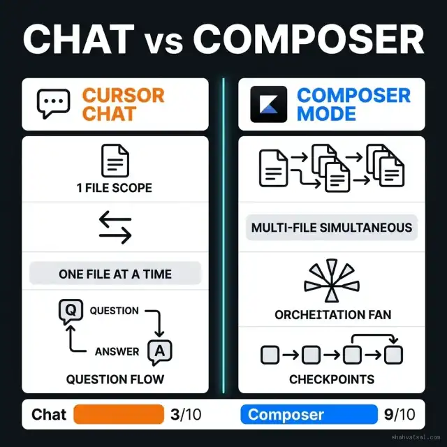 Cursor Chat vs Composer Mode Comparison - Chat: 1 file scope, one at a time, 3/10. Composer: multi-file simultaneous, orchestration fan, 9/10