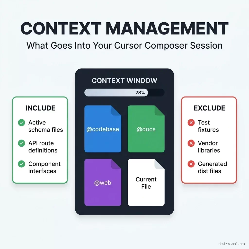 Cursor Composer Context Window Management — Include vs Exclude diagram with @codebase, @docs, @web, Current File cards