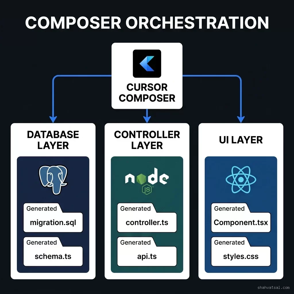 Cursor Composer Orchestration Architecture — Hub diagram showing Composer generating migration.sql, controller.ts, and Component.tsx simultaneously from a single session