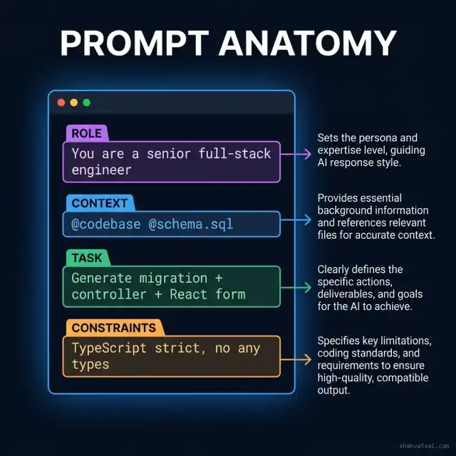 Cursor Composer Prompt Anatomy - ROLE, CONTEXT, TASK, CONSTRAINTS color-coded sections with side annotations