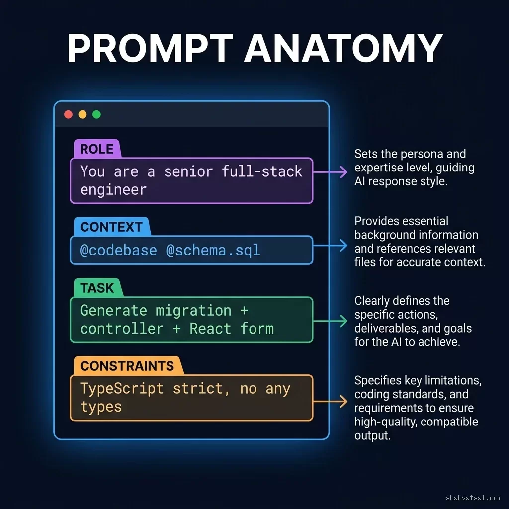 Cursor Composer Prompt Anatomy — ROLE, CONTEXT, TASK, CONSTRAINTS color-coded sections with side annotations