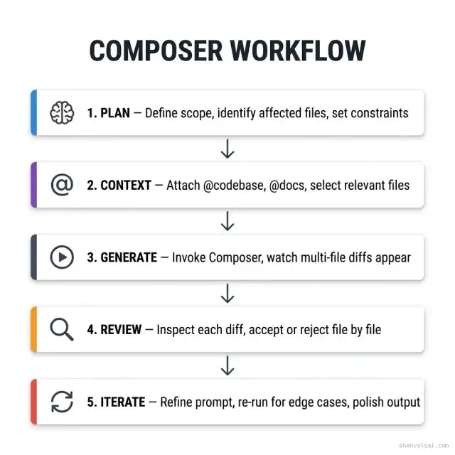 Cursor Composer Session Workflow - 5 steps: Plan, Context, Generate, Review, Iterate