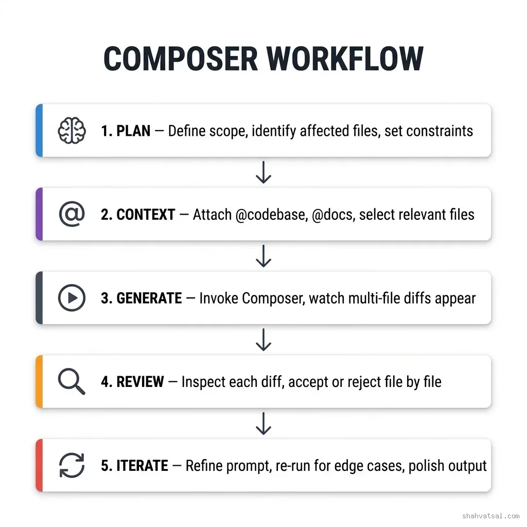 Cursor Composer Session Workflow — 5 steps: Plan, Context, Generate, Review, Iterate