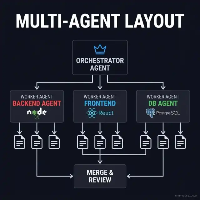Cursor Multi-Agent Layout Architecture - Orchestrator Agent with crown icon delegating to Backend Agent (Node.js), Frontend Agent (React), and DB Agent (PostgreSQL), all merging into a single review