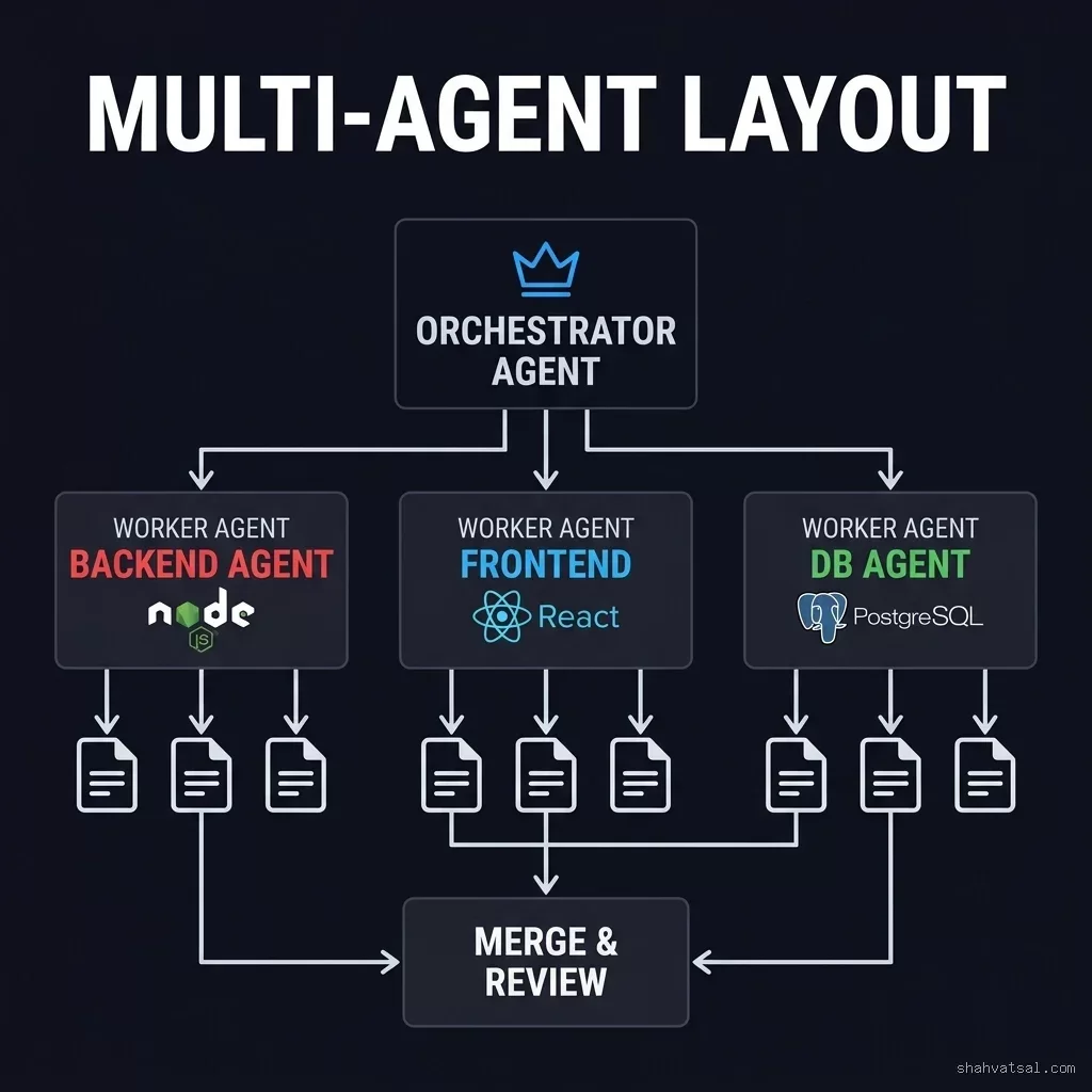Cursor Multi-Agent Layout Architecture — Orchestrator Agent with crown icon delegating to Backend Agent (Node.js), Frontend Agent (React), and DB Agent (PostgreSQL), all merging into a single review