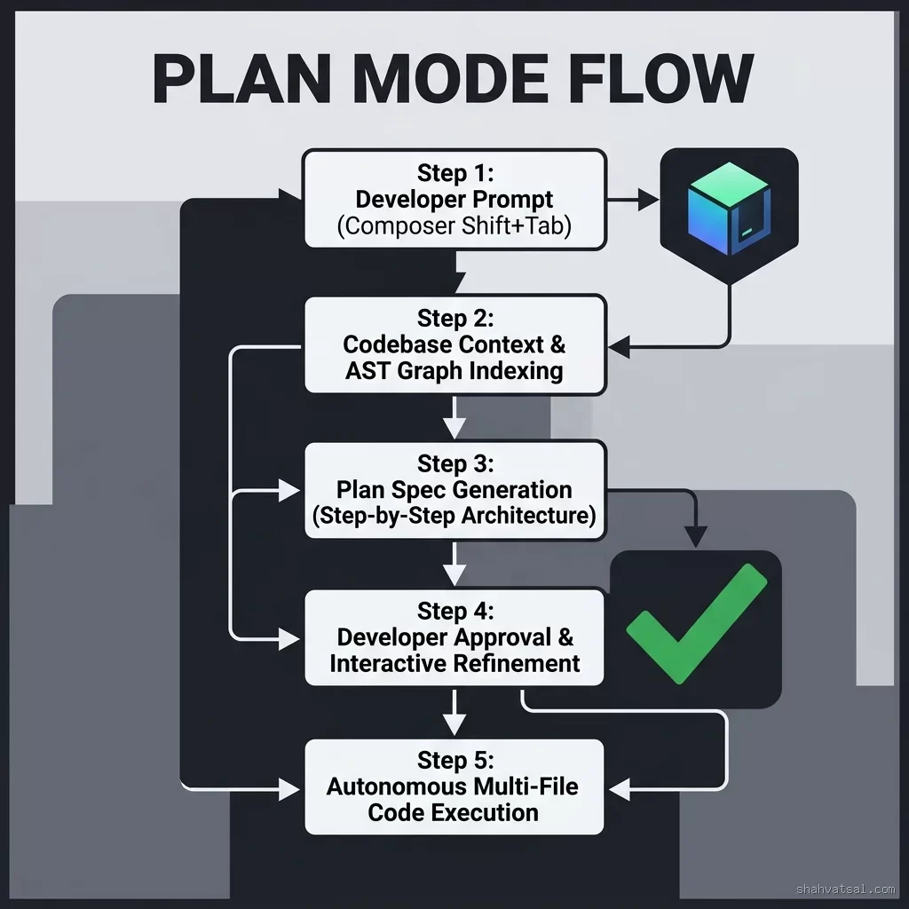 Cursor Plan Mode Execution Flowchart — Sequential Steps from Prompt to Multi-File Execution