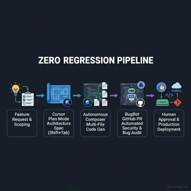 Zero Regression Dev Pipeline Workflow — Wide 5-Stage Architecture Flowchart