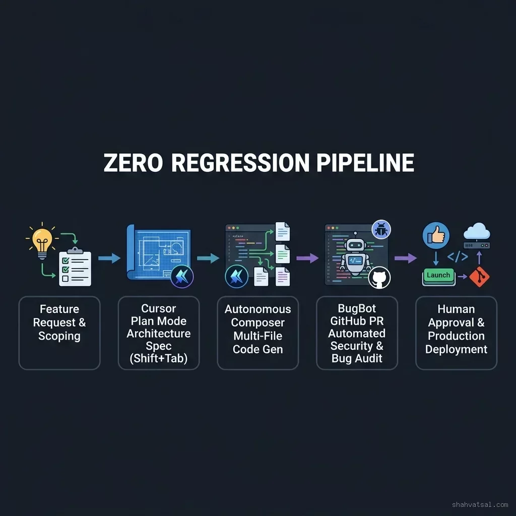 Zero Regression Dev Pipeline Workflow — Wide 5-Stage Architecture Flowchart