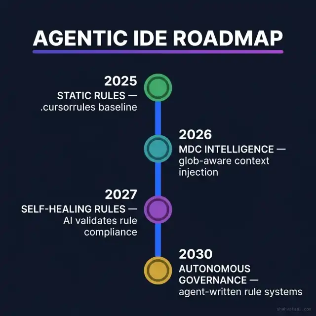 Agentic IDE roadmap from 2025 static rules to 2030 autonomous governance