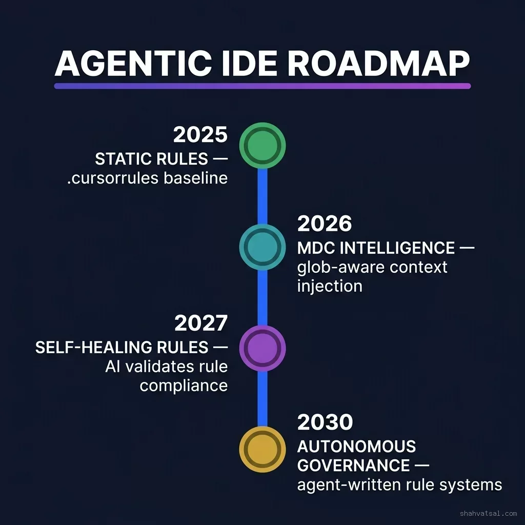 Agentic IDE roadmap from 2025 static rules to 2030 autonomous governance